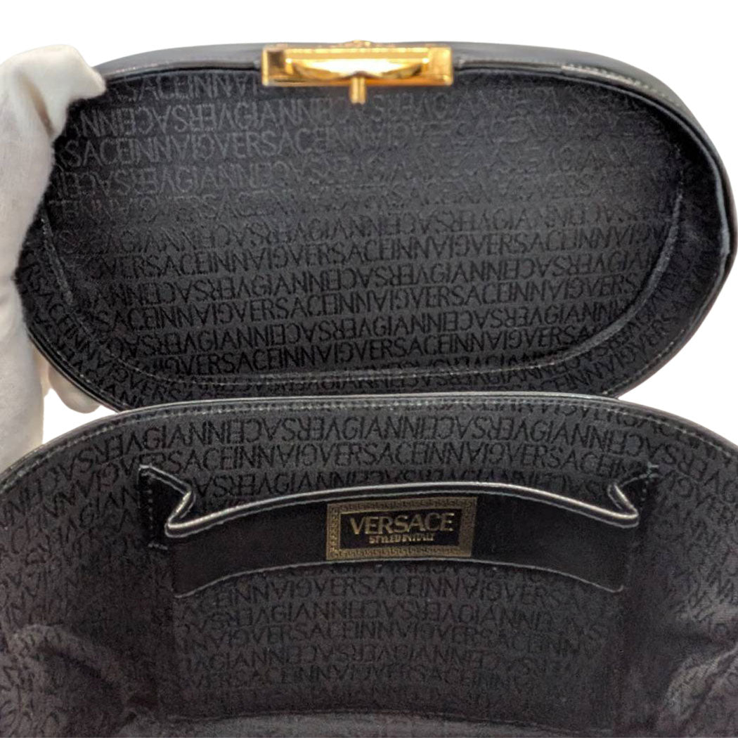 VERSACE ヴェルサーチ バニティ ハンドバッグ ブラック レザー レディース 【中古】