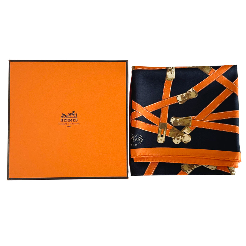 HERMES エルメス カレ70 TRES KELLY トレス・ケリー スカーフ オレンジ ブラック シルク レディース 【中古】
