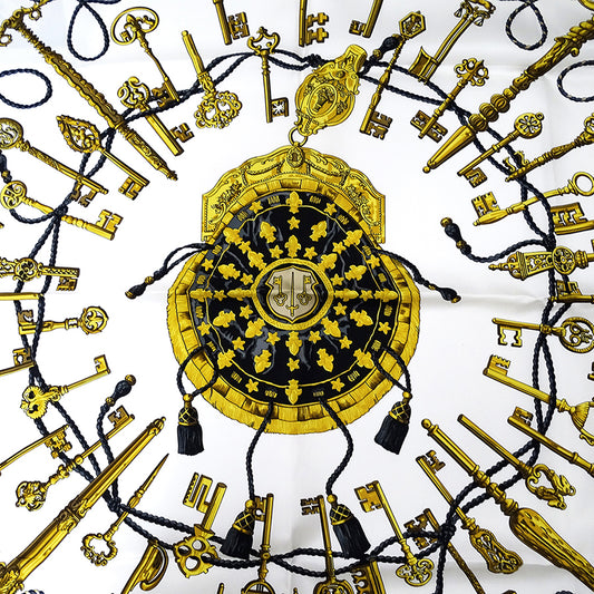 HERMES エルメス Les Cles 鍵 スカーフ カレ 90 ブラック ホワイト シルク レディース 【中古】