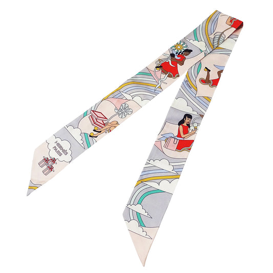 HERMES エルメス CARRES VOLANTS 空飛ぶカレ スカーフ ツイリー ピンク グレー シルク レディース 【中古】