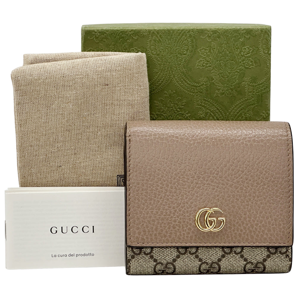 GUCCI グッチ 三つ折り財布 プチマーモント GGスプリーム ピンク ブラウン 598587 PVC レディース 【中古】