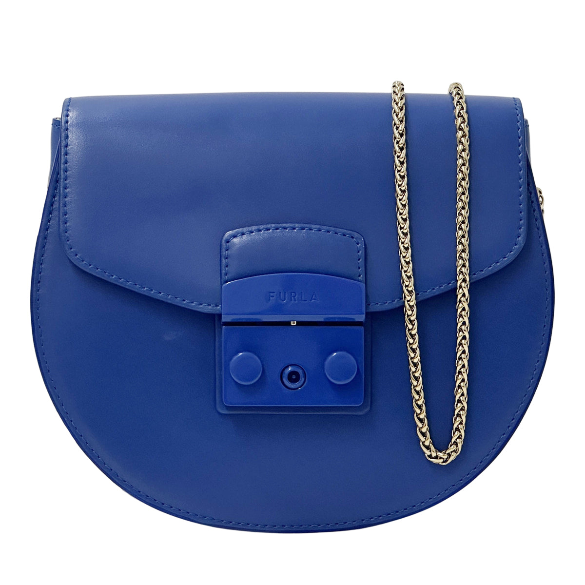 Furla フルラ ラウンド チェーンショルダー ミニ ショルダーバッグ メトロポリス ブルー レザー レディース 【中古】