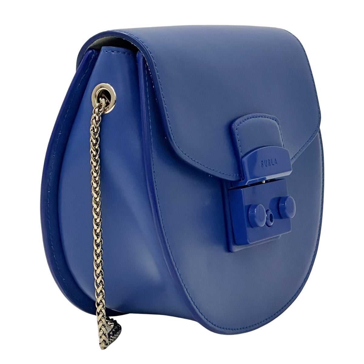 Furla フルラ ラウンド チェーンショルダー ミニ ショルダーバッグ メトロポリス ブルー レザー レディース 【中古】