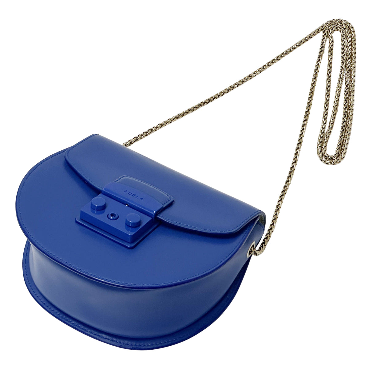Furla フルラ ラウンド チェーンショルダー ミニ ショルダーバッグ メトロポリス ブルー レザー レディース 【中古】