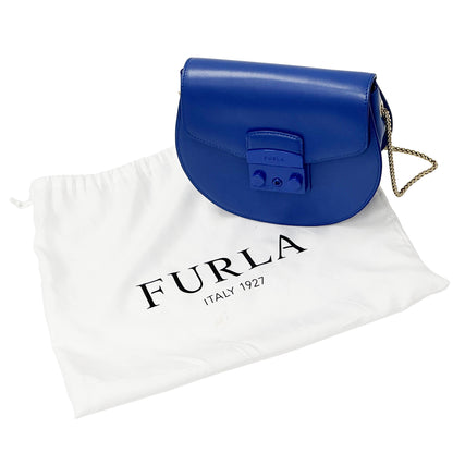 Furla フルラ ラウンド チェーンショルダー ミニ ショルダーバッグ メトロポリス ブルー レザー レディース 【中古】