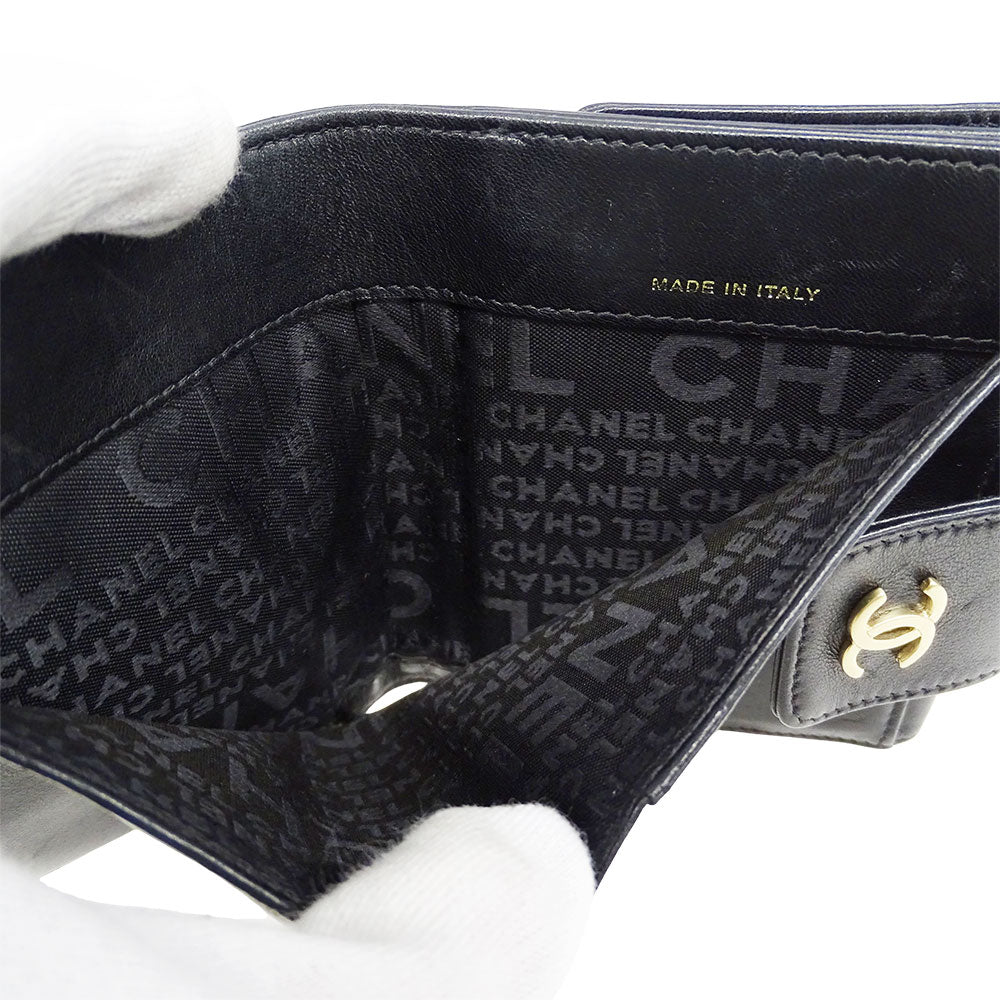 CHANEL シャネル 二つ折り財布 アイコン ブラック ゴールド金具 ラムスキン レディース 【中古】