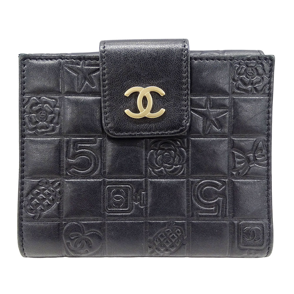 CHANEL シャネル 二つ折り財布 アイコン ブラック ゴールド金具 ラムスキン レディース 【中古】