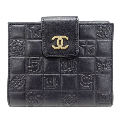 CHANEL シャネル 二つ折り財布 アイコン ブラック ゴールド金具 ラムスキン レディース 【中古】