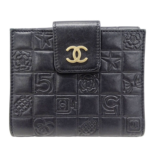 CHANEL シャネル 二つ折り財布 アイコン ブラック ゴールド金具 ラムスキン レディース 【中古】