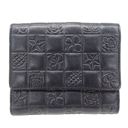 CHANEL シャネル 二つ折り財布 アイコン ブラック ゴールド金具 ラムスキン レディース 【中古】