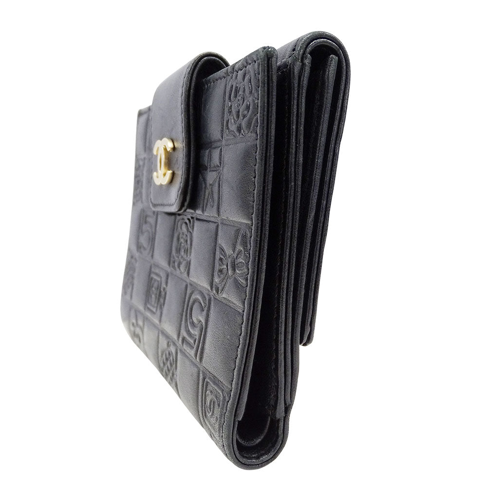 CHANEL シャネル 二つ折り財布 アイコン ブラック ゴールド金具 ラムスキン レディース 【中古】