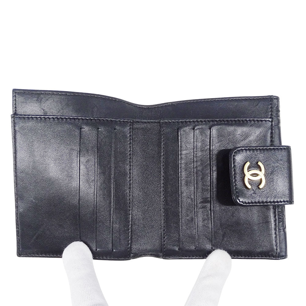 CHANEL シャネル 二つ折り財布 アイコン ブラック ゴールド金具 ラムスキン レディース 【中古】