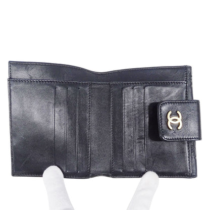 CHANEL シャネル 二つ折り財布 アイコン ブラック ゴールド金具 ラムスキン レディース 【中古】