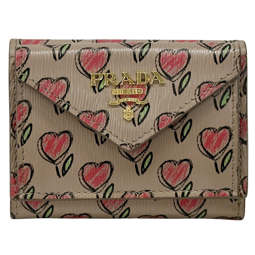 PRADA プラダ コンパクトウォレット 三つ折り財布 ベージュ ピンク レザー レディース 【中古】