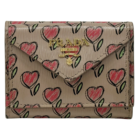PRADA プラダ コンパクトウォレット 三つ折り財布 ベージュ ピンク レザー レディース 【中古】