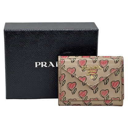 PRADA プラダ コンパクトウォレット 三つ折り財布 ベージュ ピンク レザー レディース 【中古】