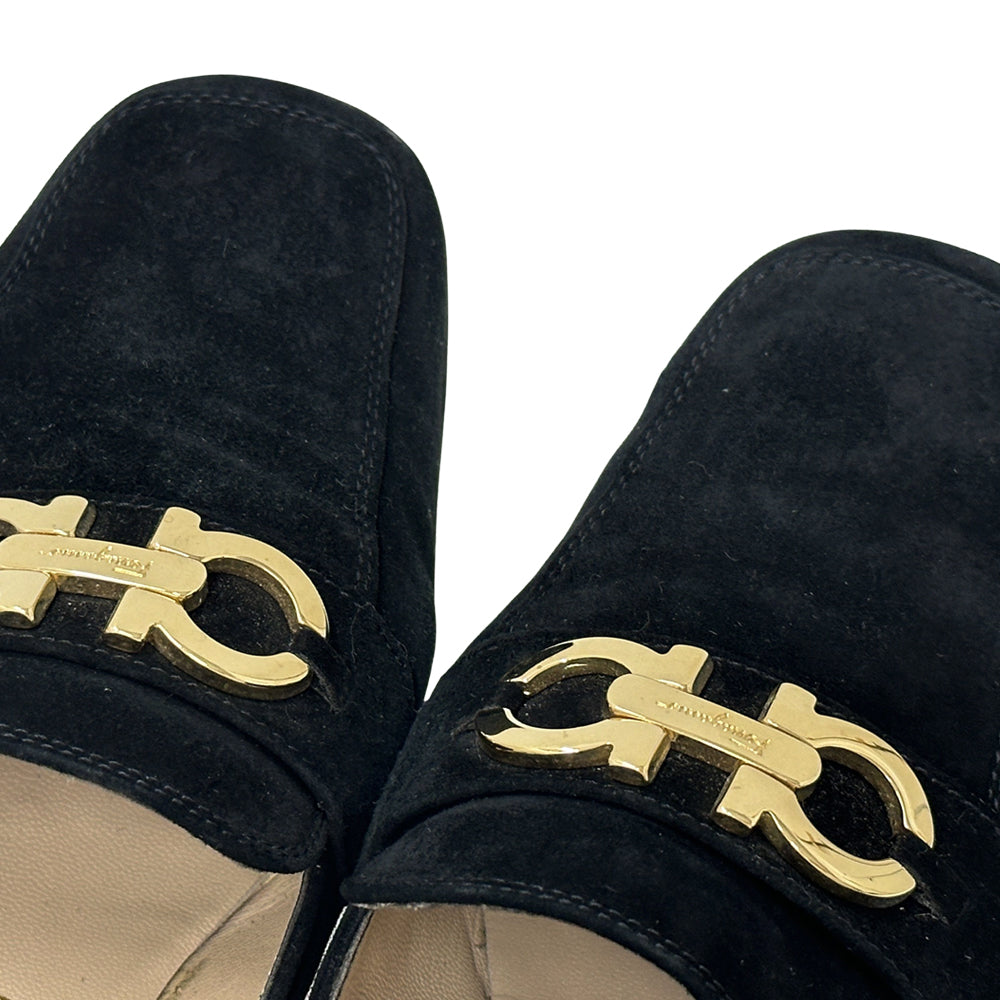 Ferragamo フェラガモ ローファー ダブルガンチーニ ブラック ゴールド金具 スエード レディース 【中古】
