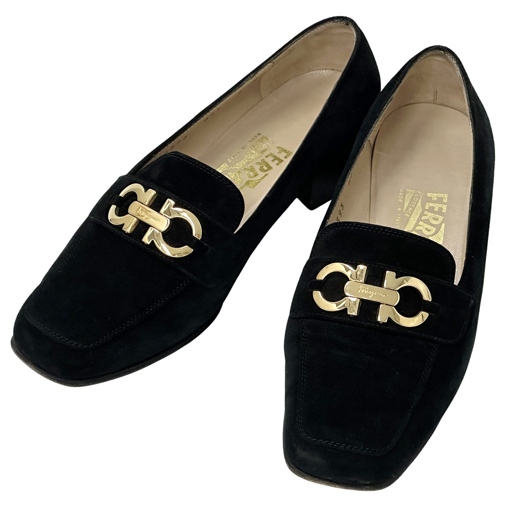 Ferragamo フェラガモ ローファー ダブルガンチーニ ブラック ゴールド金具 スエード レディース 【中古】