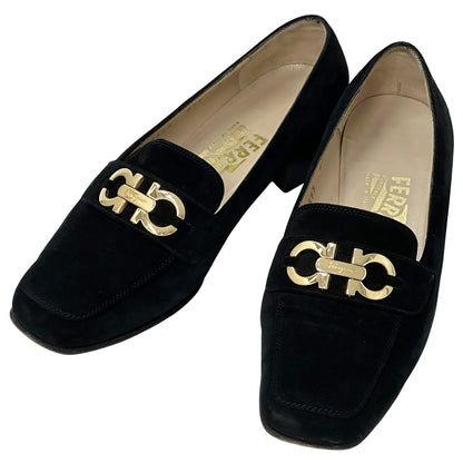 Ferragamo フェラガモ ローファー ダブルガンチーニ ブラック ゴールド金具 スエード レディース 【中古】