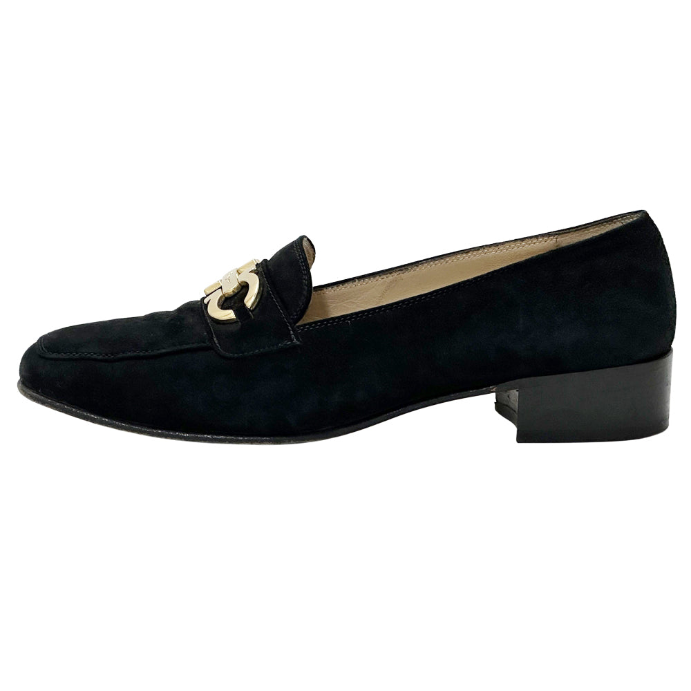 Ferragamo フェラガモ ローファー ダブルガンチーニ ブラック ゴールド金具 スエード レディース 【中古】
