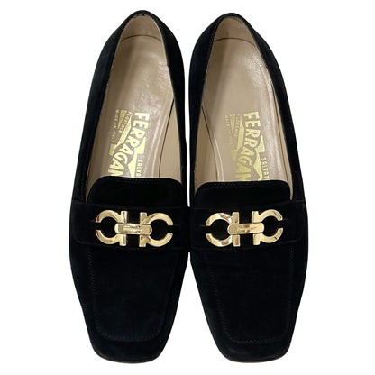 Ferragamo フェラガモ ローファー ダブルガンチーニ ブラック ゴールド金具 スエード レディース 【中古】