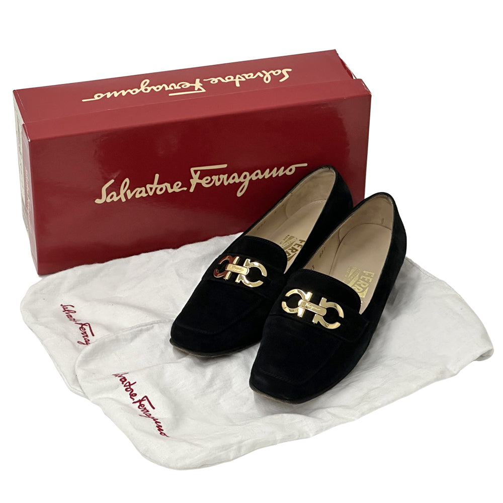 Ferragamo フェラガモ ローファー ダブルガンチーニ ブラック ゴールド金具 スエード レディース 【中古】