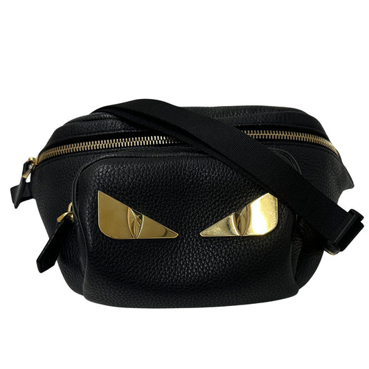 FENDI フェンディ モンスター バグス ボディ・ウエストバッグ ブラック ゴールド金具 レザー メンズ 【中古】