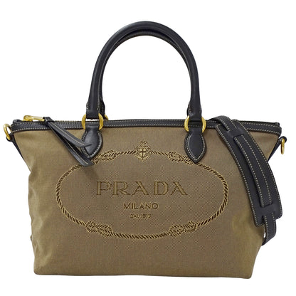 PRADA プラダ 2wayバッグ ロゴジャガード ベージュ ブラック キャンバス レディース 【中古】