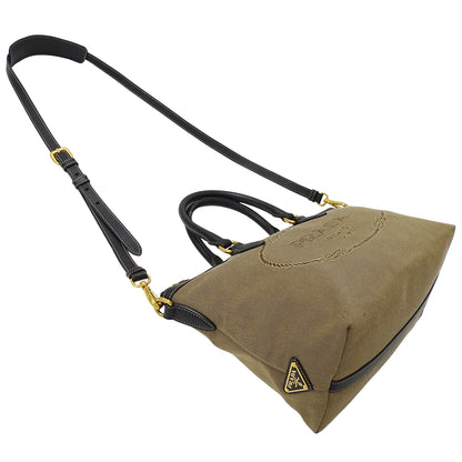 PRADA プラダ 2wayバッグ ロゴジャガード ベージュ ブラック キャンバス レディース 【中古】