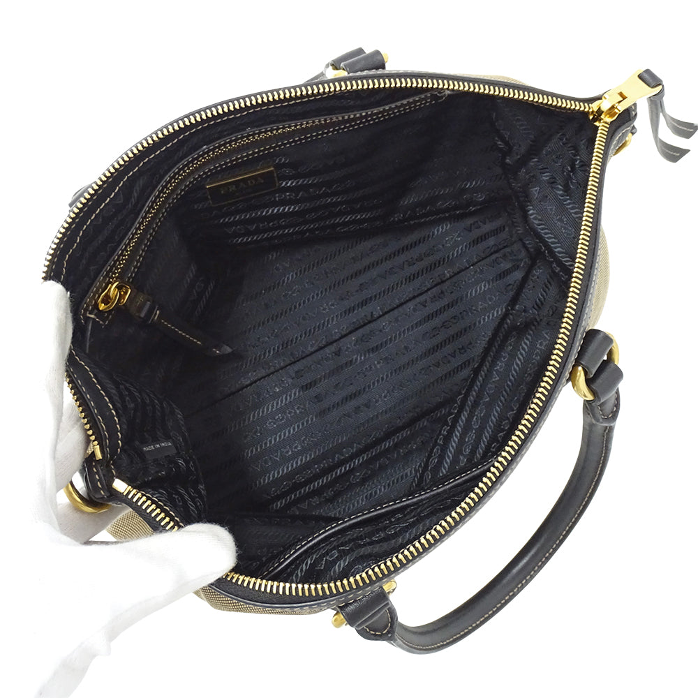 PRADA プラダ 2wayバッグ ロゴジャガード ベージュ ブラック キャンバス レディース 【中古】