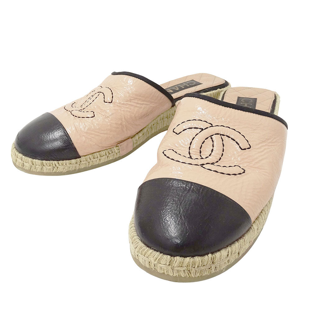 CHANEL シャネル サンダル ピンクベージュ ブラック パテントレザー レディース 【中古】