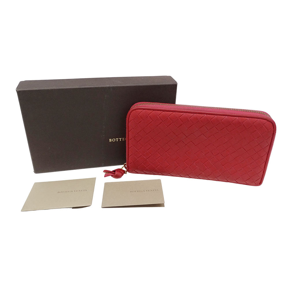 BOTTEGAVENETA ボッテガ・ヴェネタ 長財布 イントレチャート レッド レザー レディース 【中古】