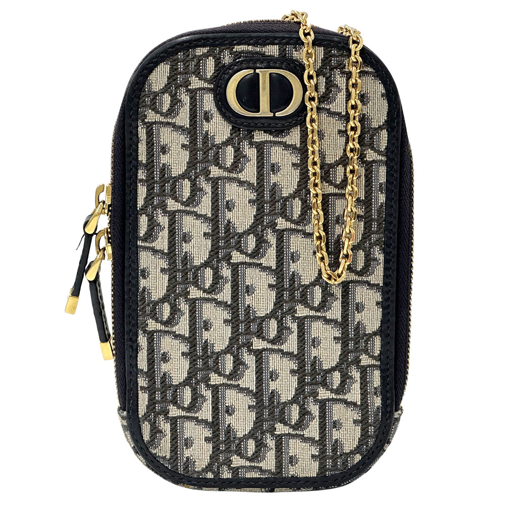 Dior ディオール フォンホルダー ショルダーバッグ モンテーニュ オブリーク ネイビー ベージュ ジャガード レディース 【中古】