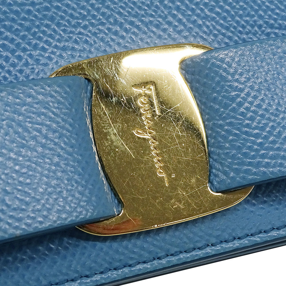 Ferragamo フェラガモ 二つ折り財布 ヴァラリボン ライトブルー レザー レディース 【中古】
