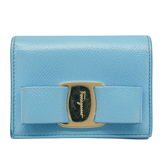 Ferragamo フェラガモ 二つ折り財布 ヴァラリボン ライトブルー レザー レディース 【中古】