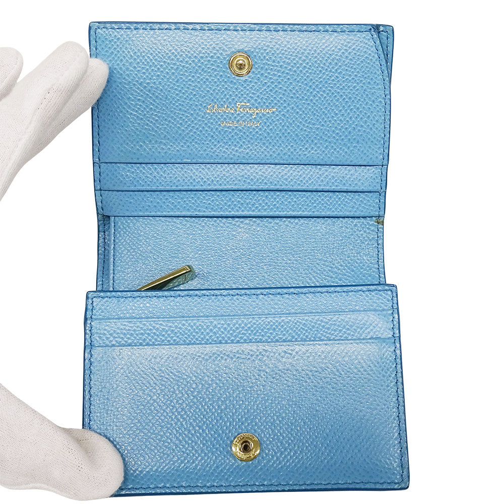 Ferragamo フェラガモ 二つ折り財布 ヴァラリボン ライトブルー レザー レディース 【中古】