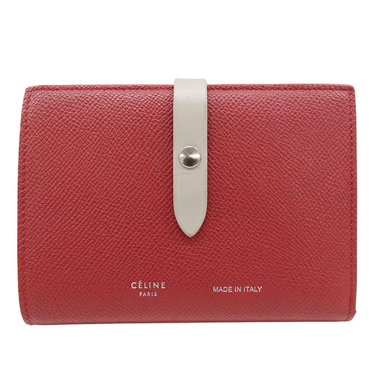 CELINE セリーヌ ミディアムストラップ マルチファンクション 二つ折り財布 レッド レザー レディース 【中古】