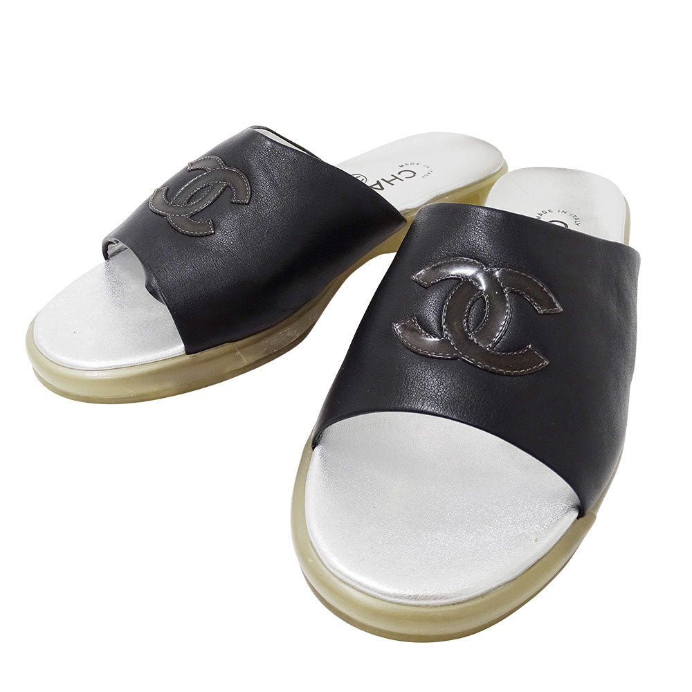 CHANEL シャネル サンダル ブラック シルバー レザー レディース 【中古】