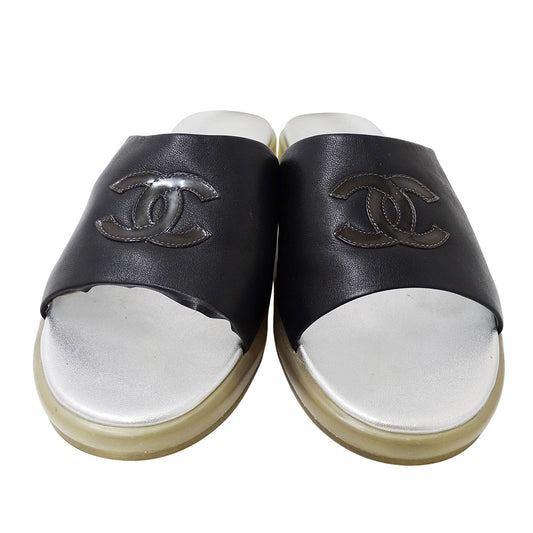 CHANEL シャネル サンダル ブラック シルバー レザー レディース 【中古】