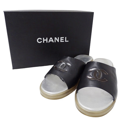 CHANEL シャネル サンダル ブラック シルバー レザー レディース 【中古】