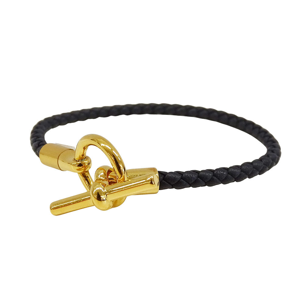 HERMES エルメス レザーブレスレット グレナン ブレスレット レザー ブラック ゴールド金具 16.5cm レディース 【中古】