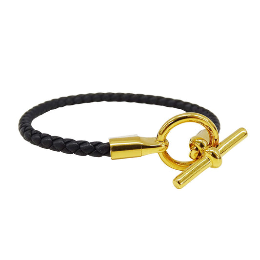HERMES エルメス レザーブレスレット グレナン ブレスレット レザー ブラック ゴールド金具 16.5cm レディース 【中古】