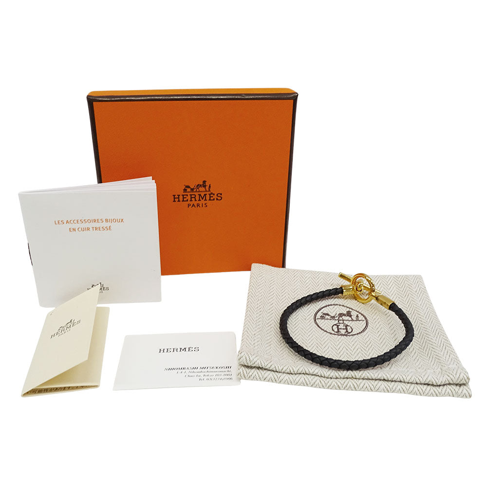 HERMES エルメス レザーブレスレット グレナン ブレスレット レザー ブラック ゴールド金具 16.5cm レディース 【中古】