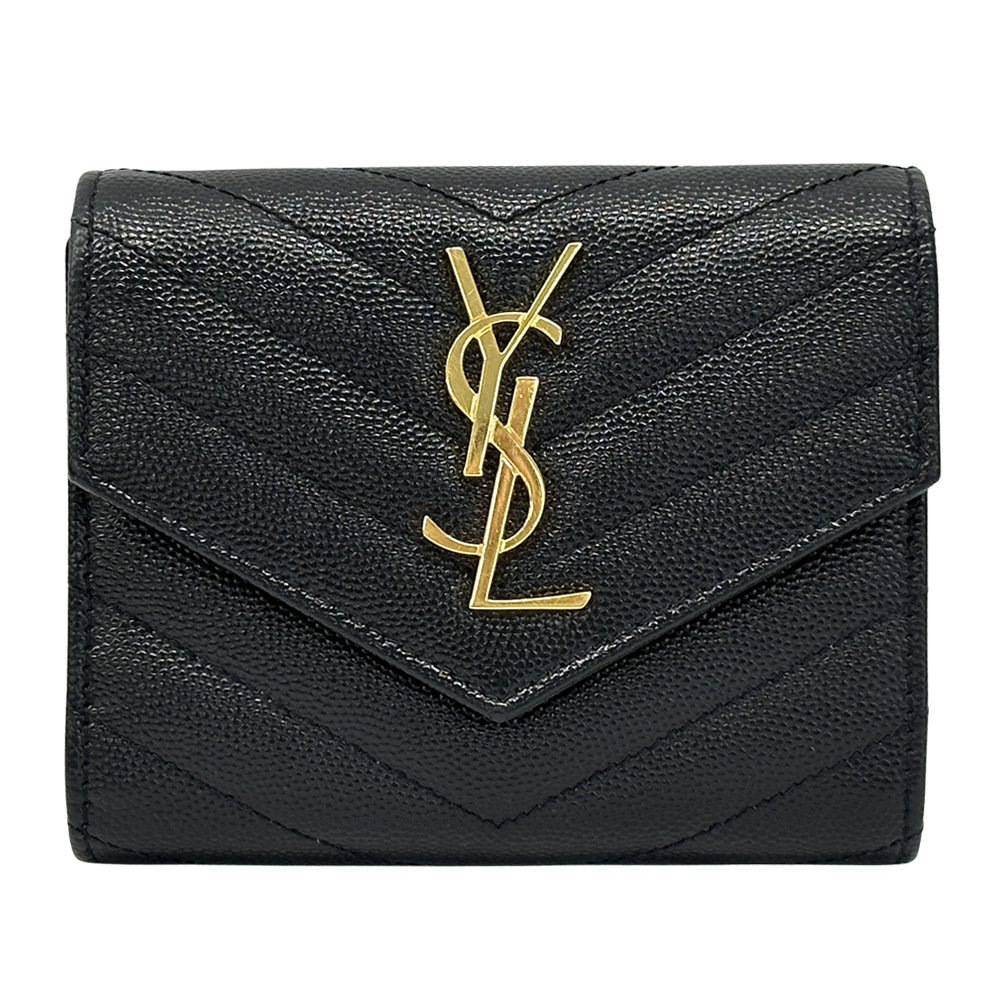 SAINT LAURENT サンローラン 三つ折り財布 ブラック ゴールド金具 403943 レザー レディース 【中古】