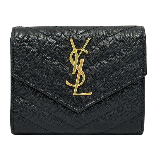 SAINT LAURENT サンローラン 三つ折り財布 ブラック ゴールド金具 403943 レザー レディース 【中古】