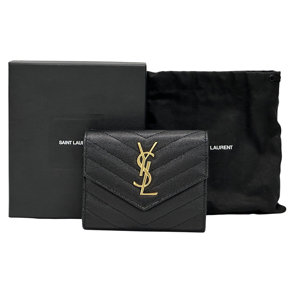 SAINT LAURENT サンローラン 三つ折り財布 ブラック ゴールド金具 403943 レザー レディース 【中古】