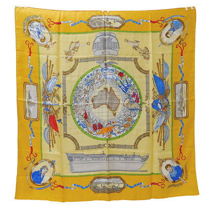 HERMES エルメス LE GEOGRAPHE 地理学者 スカーフ カレ90 イエロー シルク レディース 【中古】