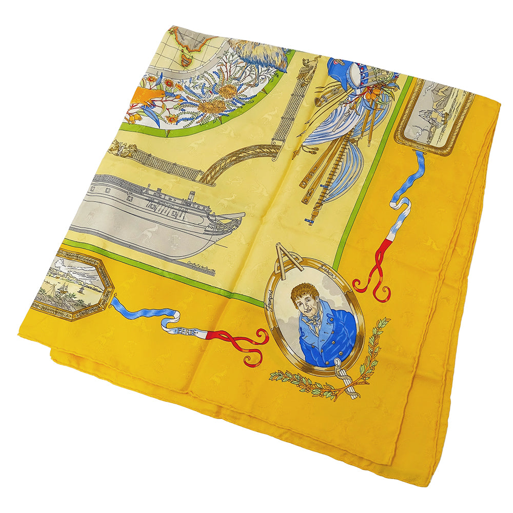HERMES エルメス LE GEOGRAPHE 地理学者 スカーフ カレ90 イエロー シルク レディース 【中古】