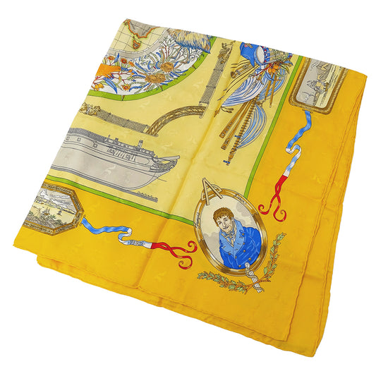 HERMES エルメス LE GEOGRAPHE 地理学者 スカーフ カレ90 イエロー シルク レディース 【中古】