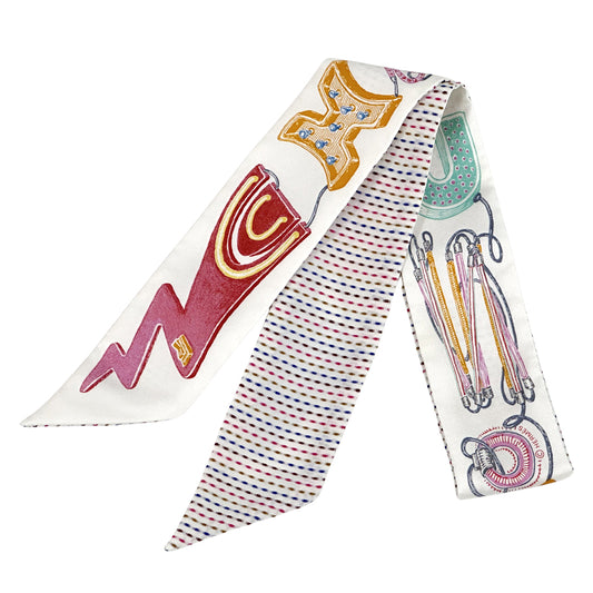 HERMES エルメス ツイリー Chevaloscope neon シュヴァロスコープ・ネオン スカーフ ホワイト マルチカラー シルク レディース 【中古】